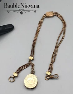 Victorian Gold Filled Watch Chain w/Slide & Engraved Fort Scene Locket Fob - Picture 1 of 6