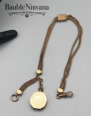 Victorian Gold Filled Watch Chain w/Slide & Engraved Fort Scene Locket Fob - Image 1 of 4