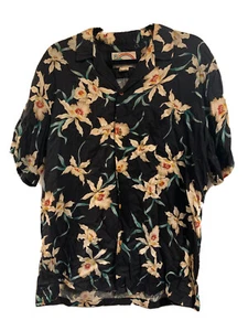 Vintage Paradise Found Large Hawaiian Shirt Black Star Orchid Magnum PI USA - Picture 1 of 12