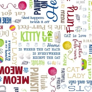 Feline Drive Fabric KITTY CITY Cat Words White Benartex Fat Quarter (18"x22") FQ - Picture 1 of 8