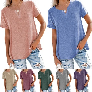 Camiseta Para Mujer Manga Corta Cuello en V Botón Prendas para el torso Multicolor Sólido Moda Nueva ∷ - Imagen 1 de 20