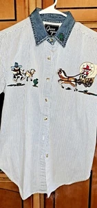 Vtg Quizz Embroidered Cowgirl Rodeo Denim Top Small Horse Wagon Cows - Picture 1 of 9