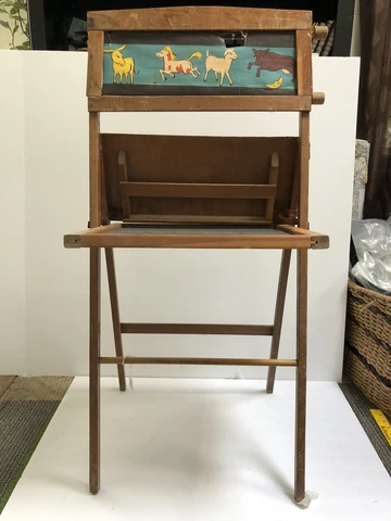 Antique Childs Wooden Folding Easel Slated Chalkboard Desk animals alphabet Cover