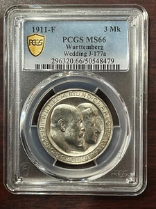 1911-F 3 Mark PCGS MS66 German Empire Württemberg Silver coin - Picture 1 of 4