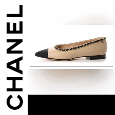 CHANEL Vintage Lamb Leather Chain Cap Toe Ballet Flats EU 37 - Imagem 1 de 4
