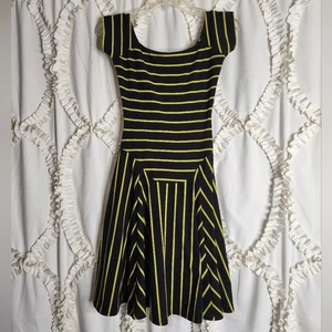 Vintage Betsey Johnson Y2K Striped Fit Flare Dress Yellow Black Sz P Small - Picture 1 of 4