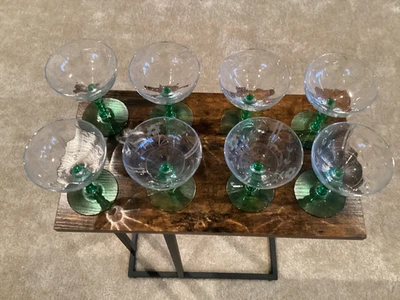 Vintage green & clear etched glass stemware wine glasses-set of 8 - Image 1 of 4
