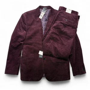 Express Mens Corduroy Suit 2PC Set Extra Slim Blazer 40S & Pants Burgundy 34x30 - Picture 1 of 20