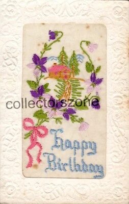 WW1 Silk Postcard Happy Birthday Cottage & Flowers message On Back - Image 1 of 2