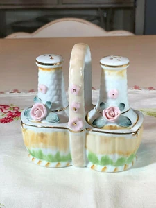 Vintage Bottles in Basket Salt and Pepper Shakers with Roses, Japan - Picture 1 of 9