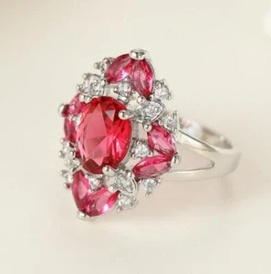 Holiday Gift Oval Flower Shape Red Kunzite White Topaz Silver Ring Us Size 6-10 - Picture 1 of 6