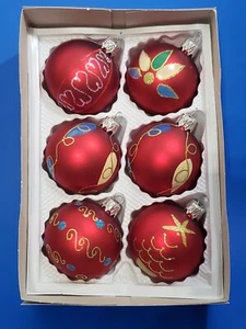 6 Vintage Rot Satiniert Glas Feiertag Ornamente Handgemacht Bemalt Polen - Bild 1 von 7