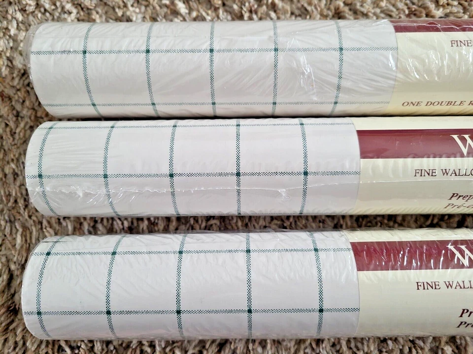 Vintage Waverly Wallpaper Pre-pasted Double Rolls Windowpane Hunter Green check - Image 1 of 4