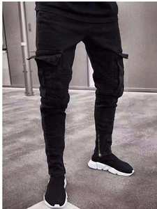 Stretch men's jeans trend knee hole zipper small leg pants NEW - Picture 1 of 6
