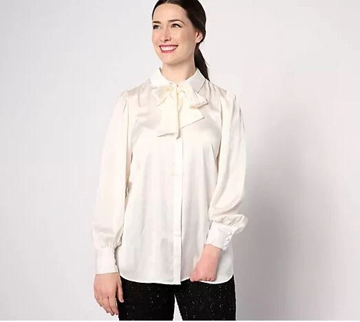 Blusa Dennis Basso Botón Cuello Atado Marfil Satén Victoriano Poeta NUEVA Múltiples Foto 1 de 1