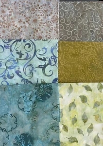 6 BLUES & GREENS BATIK PRINTS QUILT QUALITY 100% COTTON FABRICS - Picture 1 of 1
