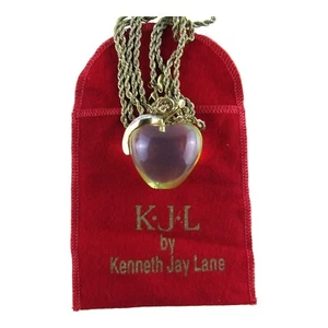 Kenneth Jay Lane, Gold Tone Clear Lucite Apple Necklace, 32 Inch Rope Chain - Picture 1 of 7