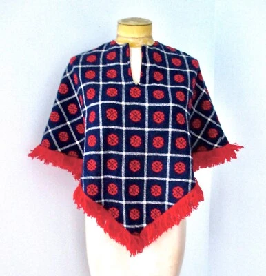 Vtg 60s Girltown Red White Blue Mosaic True Poncho Fringe Trim No Armholes 6-7 - Image 1 of 4