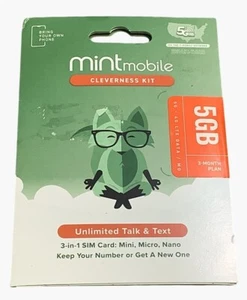 3-Months Mint Mobile Prepaid SIM Card With 5GB Data Talk Text Phone Service - Photo 1 sur 3