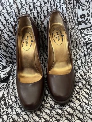 Prada Brown Leather Ankle Strap Platform Pumps Heels Size 37 - Image 1 of 4