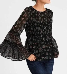 American Eagle Damen Shirt L geblümt schwarz Boho Glockenärmel transparent Bauer - Bild 1 von 10