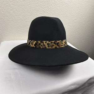 Halogen Women’s Black Wide Brim Fedora Hat W/Velvet Leopard Trim Band Adjustable - Picture 1 of 9