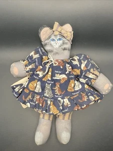 PRIMITIVE HAND MADE PAINTED CAT Rag DOLL Folk Art Gray White 9” - Picture 1 of 9