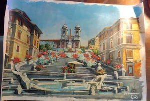 Dipinto olio su tela firmato senza cornice Piazza di Spagna Trinità dei Monti 21x15 - Foto 1 di 10