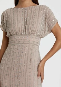 MAC DUGGAL Beige Beaded Cap Sleeve Empire Waist Sheath Midi Dress - SZ 8 - Picture 1 of 9