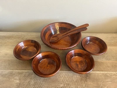 Винтажный | MCM | набор деревянных салатниц | серверные щипцы серверы | чаши 7 шт. набор - Изображение 1 из 4