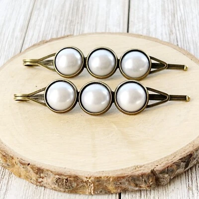 Silver White Pearl Hair Clips, Antiqued Bronze Barrette, Wedding Hair Jewelry - Image 1 of 4