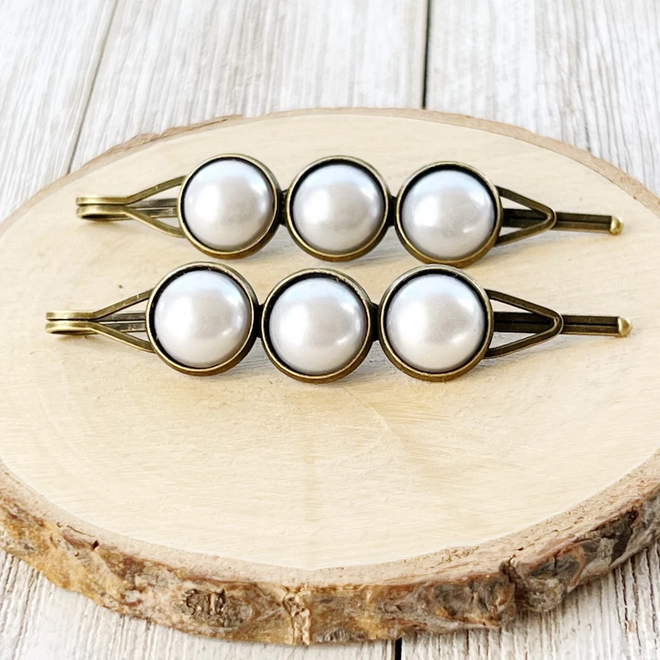 Silver White Pearl Hair Clips, Antiqued Bronze Barrette, Wedding Hair Jewelry - Image 1 of 4