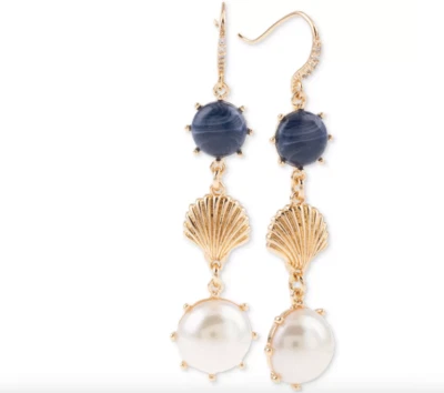 CHARTER CLUB GOLD-TONE SHELL BLUE PEARL IMITATION SHAKY DROP EARRINGS BRAND NEW - Image 1 of 4