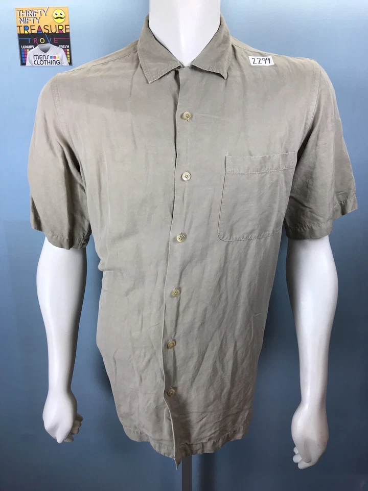 Mens Talbots Medium Hazel Wood S/S Button Down Hawaiian Shirt Linen Silk *Tear - Image 1 of 4