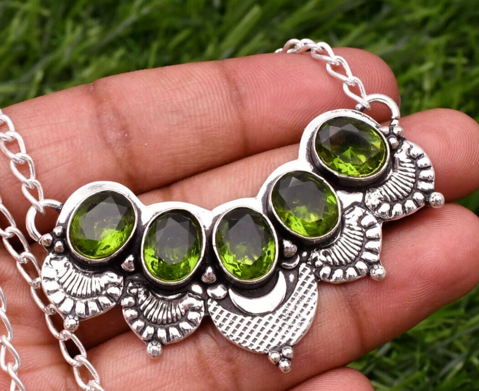 Green Peridot Gemstone 925 Sterling Silver Handmade Jewelry Necklace 18" - Image 1 of 4