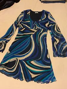 WORN TWICE PLANET BLUE RETRO SWIRL LONG SLEEVED MINI DRESS UK 8 FLOATY - Picture 1 of 5