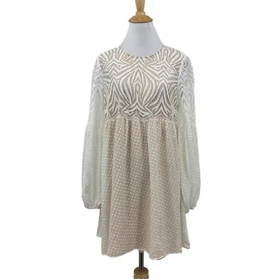 BCBGMaxazria Dress Womens M White Nude Kitra Swiss Dot Lace Babydoll Puff Sleeve - Image 1 of 4