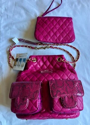 SHARIF PINK QUILTED 3 WAYS IN 1 BAG PURSE BACKPACK WRISTLET SET ** See Pictures - Image 1 of 4
