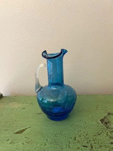 Kanawha Blue Crackle Glass Vase. MCM Vintage Handblown Art Glass 5" Collectible - Picture 1 of 6