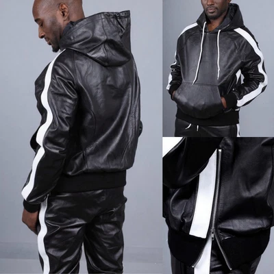 Conjunto de chándal con capucha y pantalón de cuero de cordero real para hombre (NEGRO\BLANCO) Foto 1 de 4