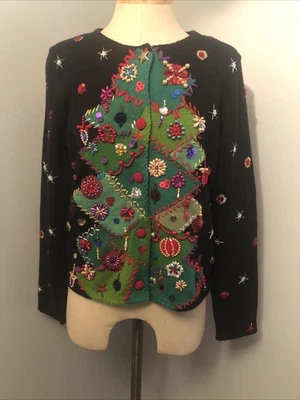 Vintage 90s Michael Simon Christmas Tree Sweater Cardigan Beads Baubles S 1999 - Image 1 of 4
