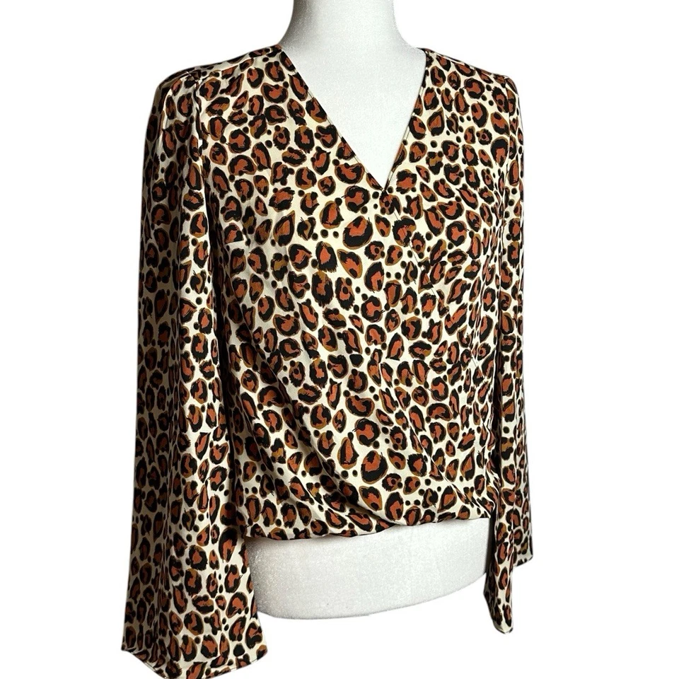 Bar III Leopard-print Surplice Bell-sleeve Top Size M # 6b 780