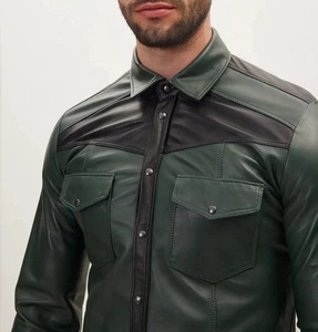 Men's Real Cow Soft Leather Green Shirt With Black Contrast Panel Slim Fit Shirt - Picture 1 of 4