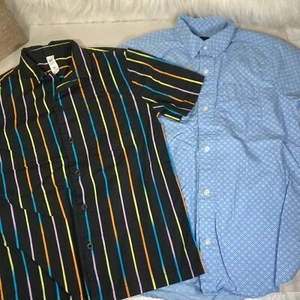 Lot of 2 Boys 8-10-12 Short Sleeve Shirts Button Up Black Colorful Stripe Blue - Picture 1 of 10