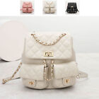 Quilted Real Leather Drawstring Bucket Backpack Flap Purse w/ Chains Fashion