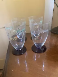 Four Vintage Etched Painted Footed Glasses - Picture 1 of 5