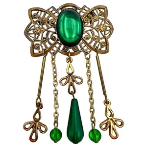 VTG West German Style Goldtone Filigree Brooch Green Lucite Dangle Charms V-Bar - Picture 1 of 1
