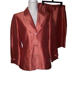 Womens Dana Buchman 2 PC Coral Shimmering Silk Suit Rhinestones Size 12 - Picture 1 of 13