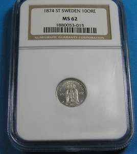 Sweden 10 Ore .400 Silver Coin, 1874-ST NGC MS62, KM-737, old fat holder - Picture 1 of 5