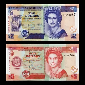 SET 2017/2020 BELIZE 2 5 DOLLARS P-66f 67h UNC+ + +QUEEN E II ALTUN HA TEMPLE NR - Picture 1 of 4